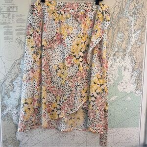 EUC! Loft Skirt Women’s 14P Pink & Yellow Garden Floral Print Faux Wrap Midi